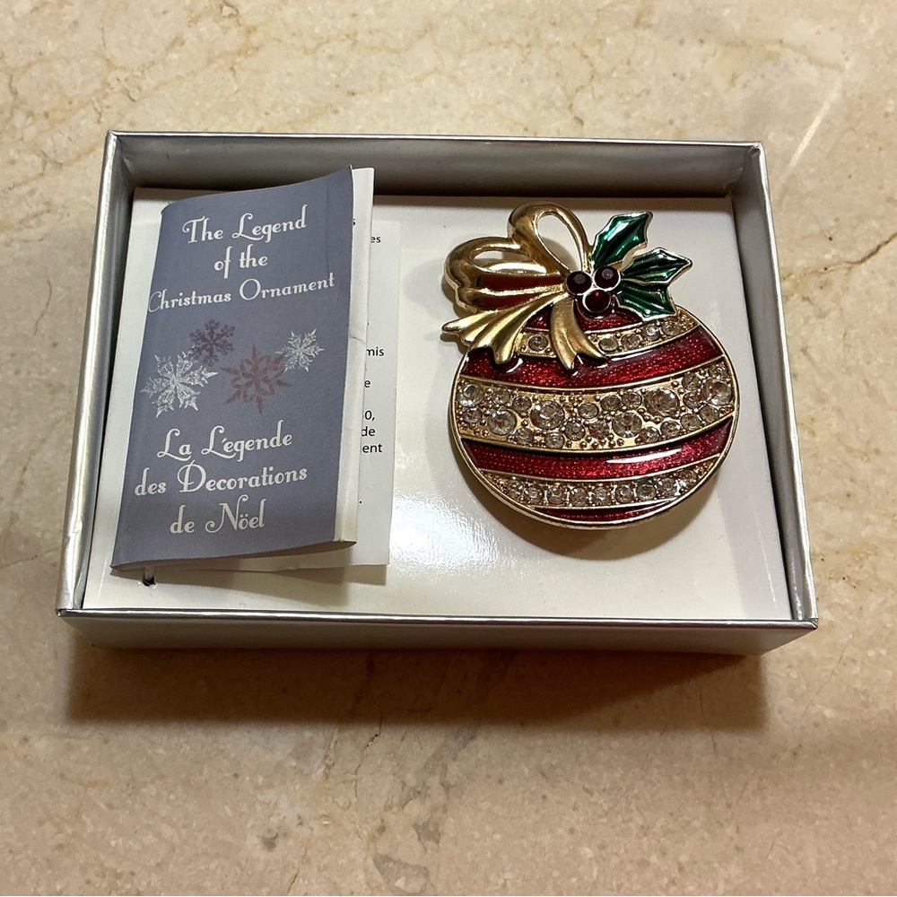 New Old Stock Festive Ornament Brooch with Red and Gold Accents